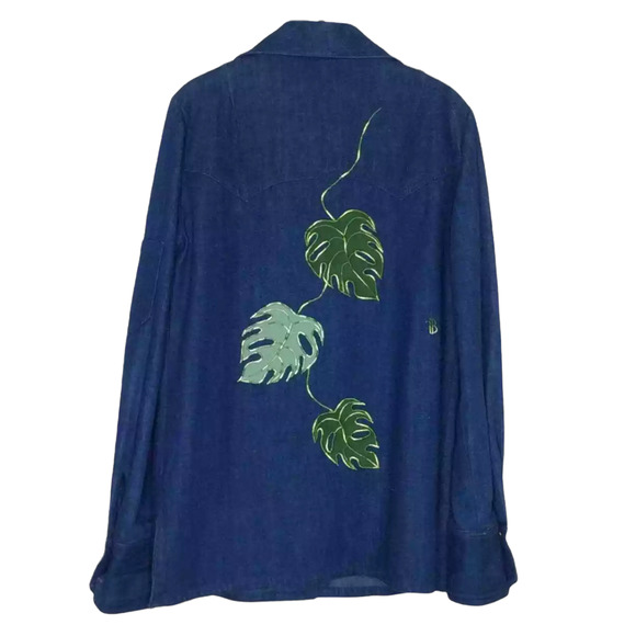 Vintage Jacket Womens Medium Denim 70s Embroidered Textured Floral Snap Button - Picture 1 of 10